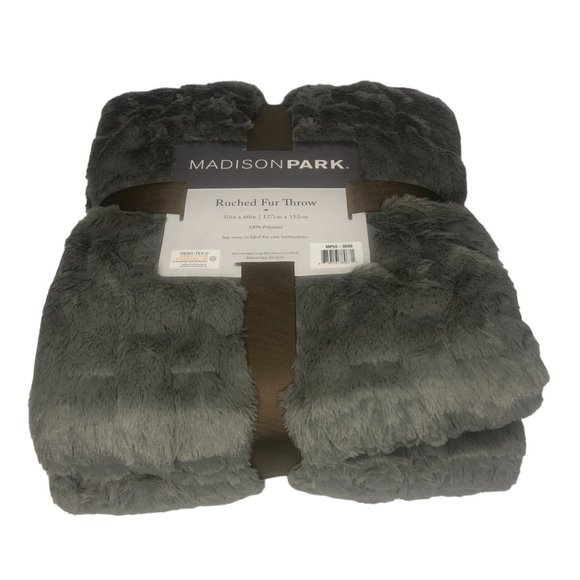 Madison Park GRAY Ultra Soft Ruched Faux Fur Throw Blanket 50X60" - Picture 4 of 8